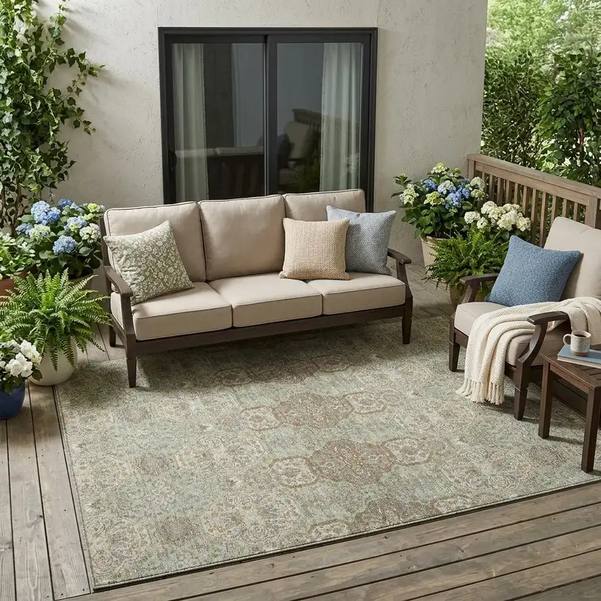 Sage And Green Floral Washable Indoor Outdoor Area Rug Photo 1