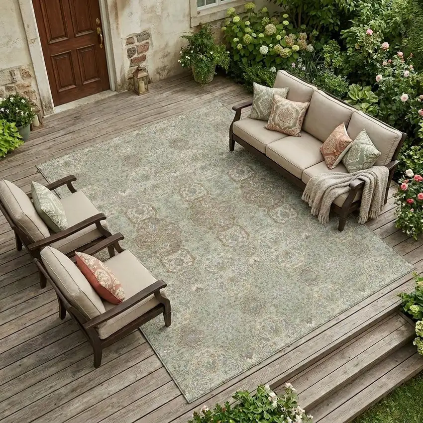 Sage And Green Floral Washable Indoor Outdoor Area Rug Photo 1