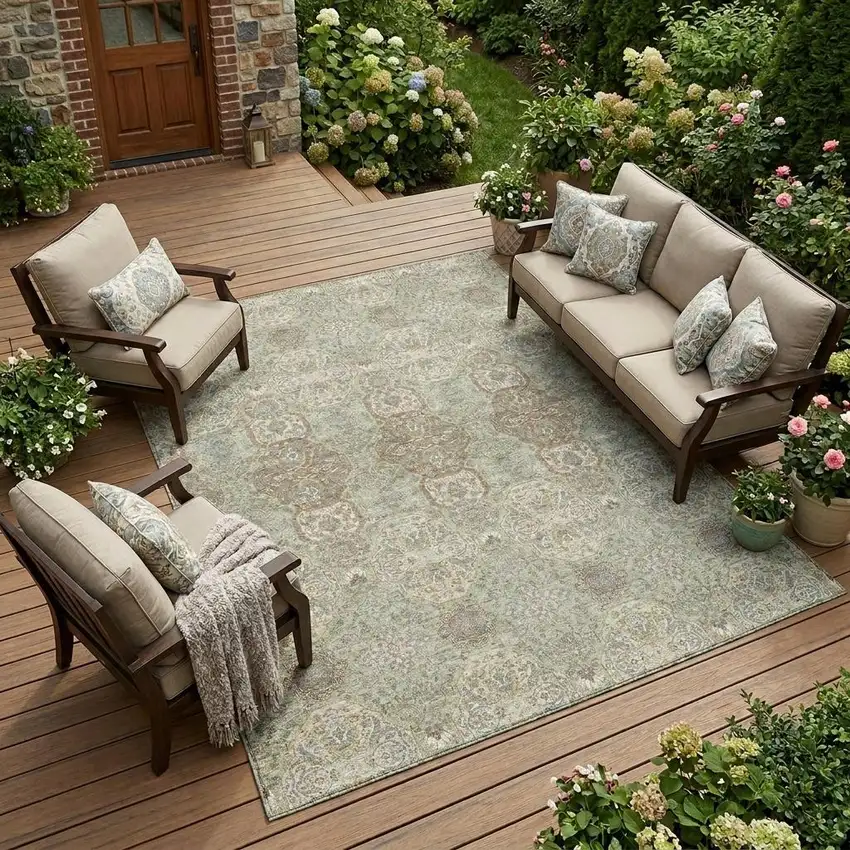 Sage And Green Floral Washable Indoor Outdoor Area Rug Photo 1