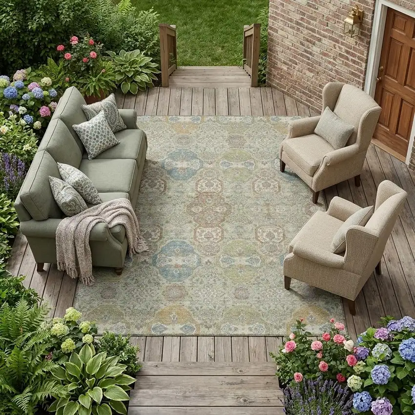 Sage And Green Floral Washable Indoor Outdoor Area Rug Photo 1
