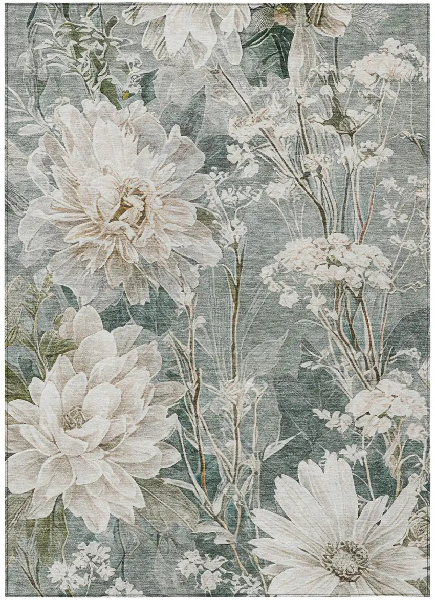 Sage And Green Floral Washable Indoor Outdoor Area Rug Photo 1