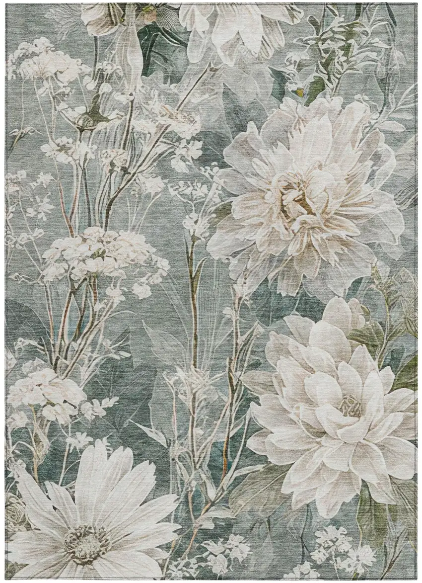 Sage And Green Floral Washable Indoor Outdoor Area Rug Photo 3