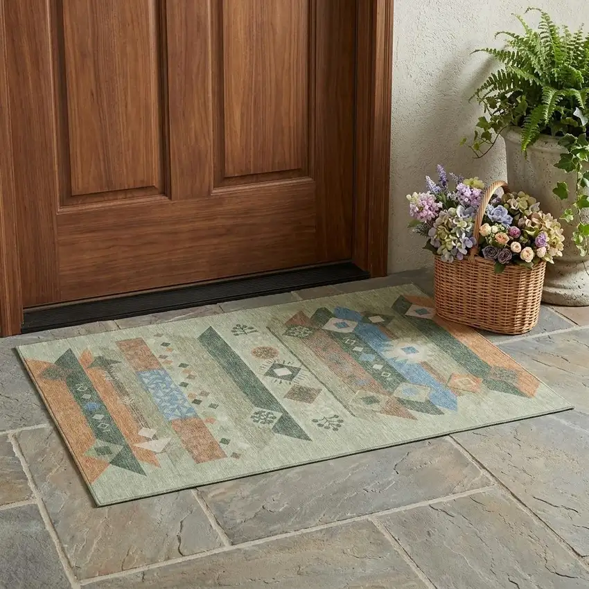 Sage And Green Geometric Washable Indoor Outdoor Area Rug Photo 1