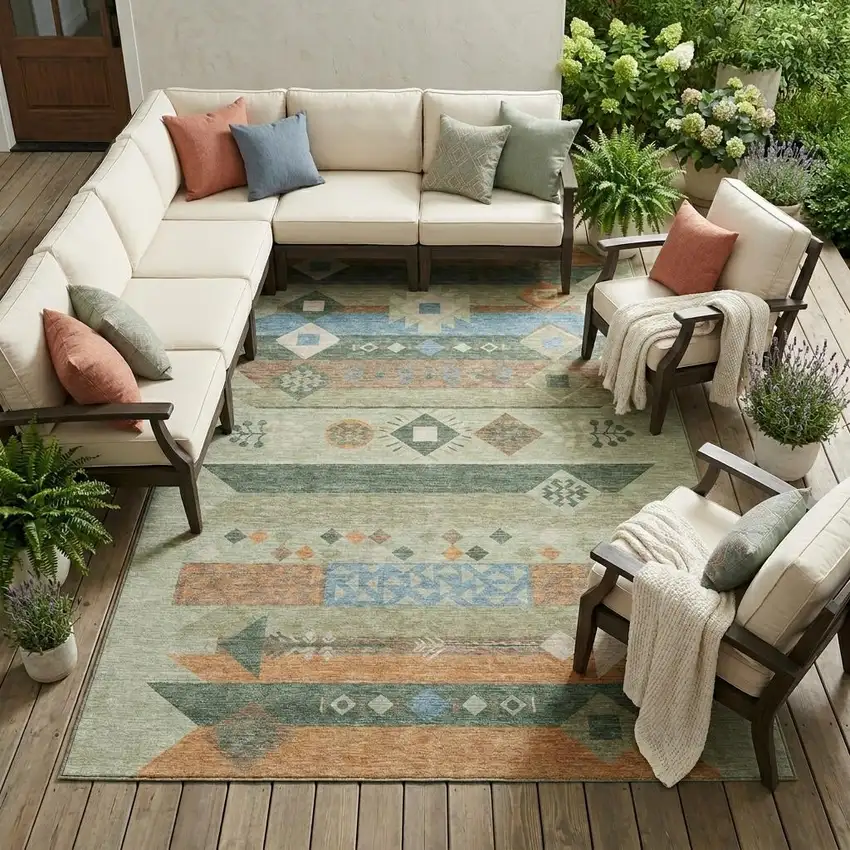 Sage And Green Geometric Washable Indoor Outdoor Area Rug Photo 1