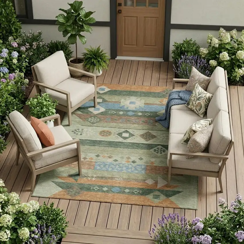 Sage And Green Geometric Washable Indoor Outdoor Area Rug Photo 1