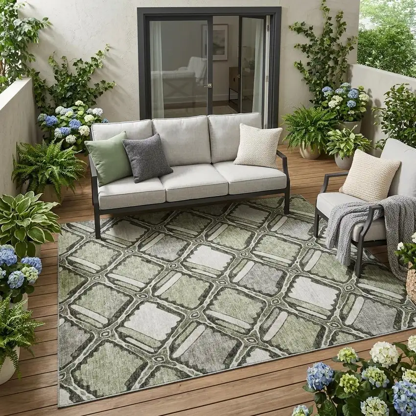 Sage And Green Geometric Washable Indoor Outdoor Area Rug Photo 1
