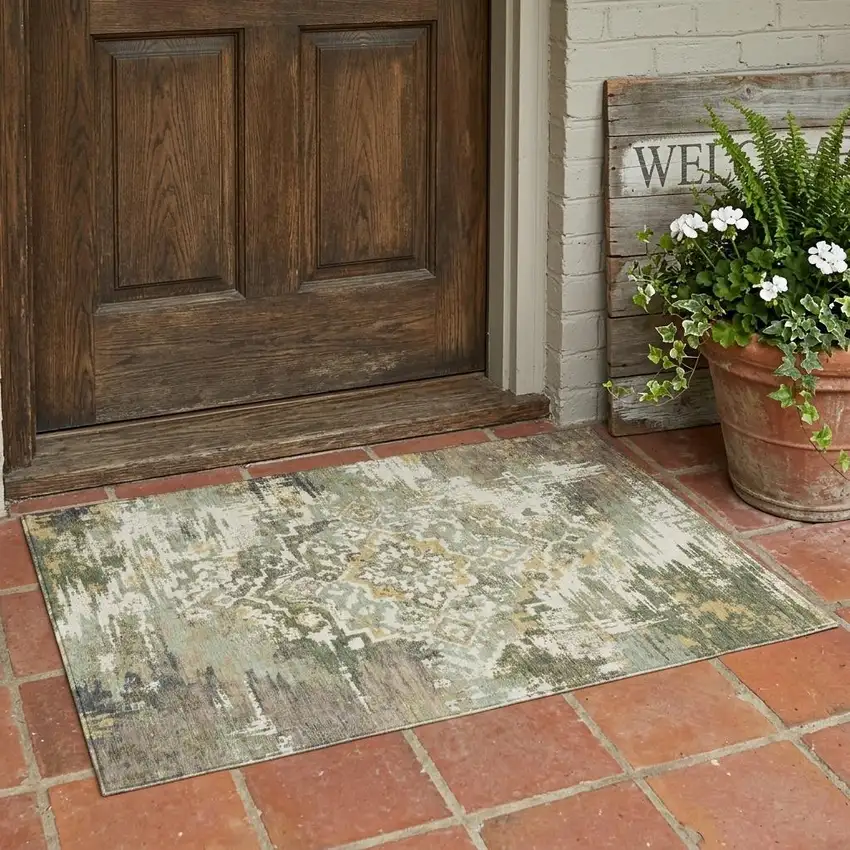 Sage And Green Medallion Washable Indoor Outdoor Area Rug Photo 1