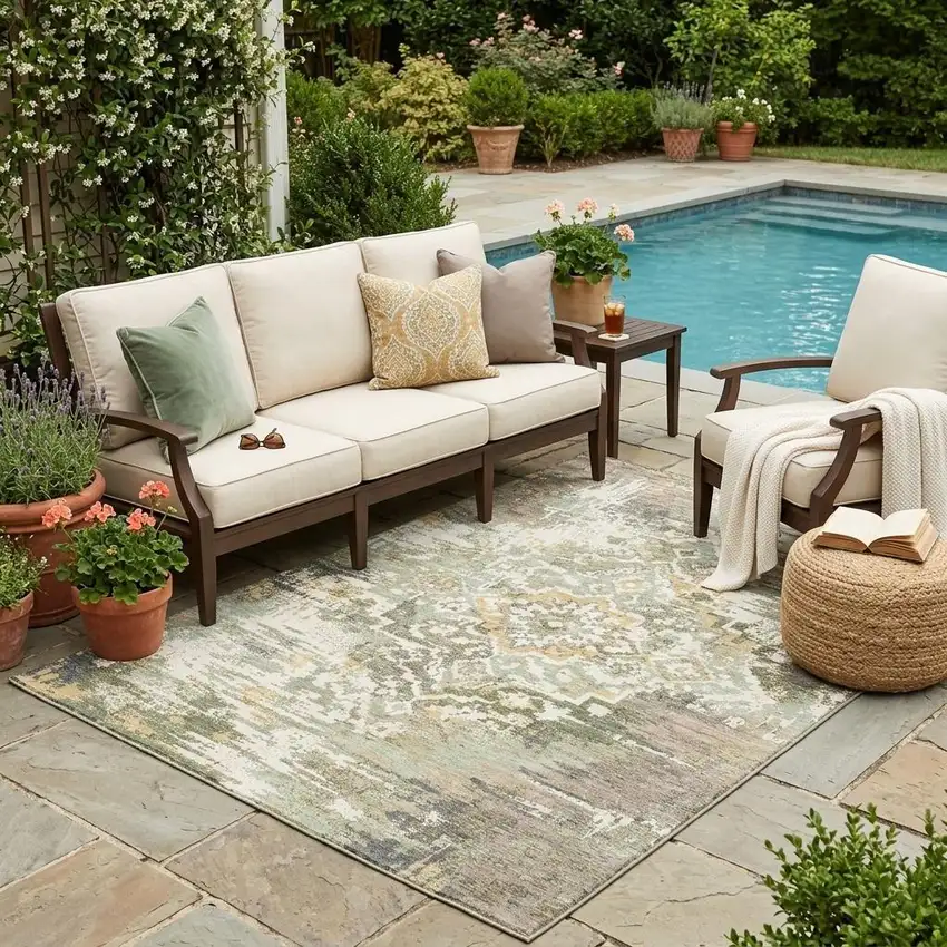 Sage And Green Medallion Washable Indoor Outdoor Area Rug Photo 1