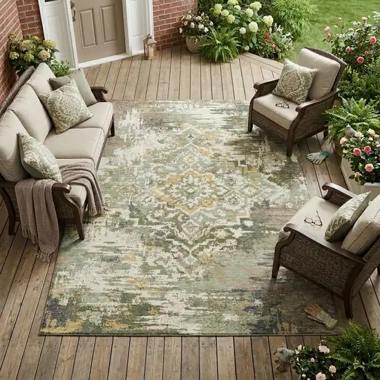 Sage And Green Medallion Washable Indoor Outdoor Area Rug Photo 1