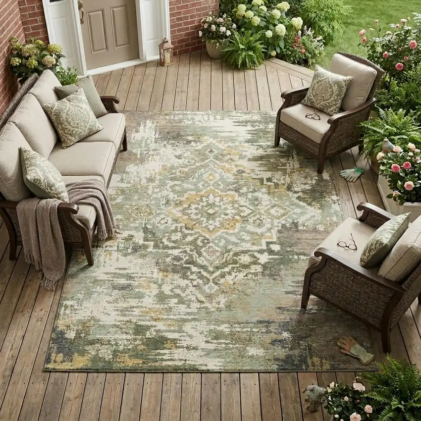 Sage And Green Medallion Washable Indoor Outdoor Area Rug Photo 1
