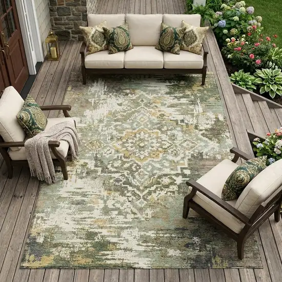 Sage And Green Medallion Washable Indoor Outdoor Area Rug Photo 1