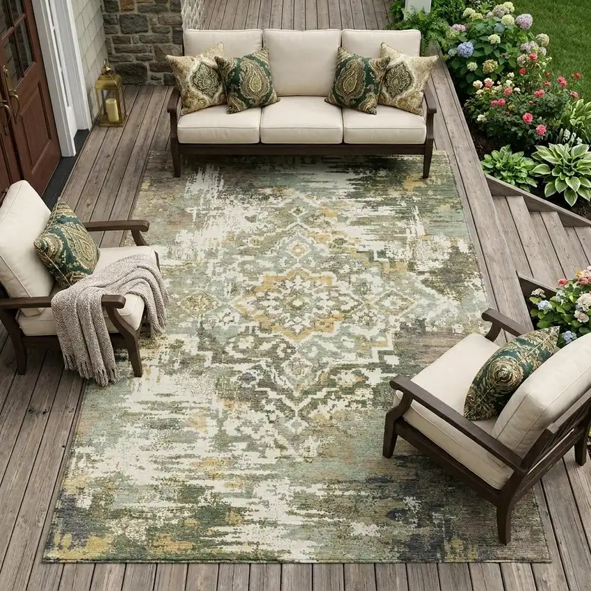 Sage And Green Medallion Washable Indoor Outdoor Area Rug Photo 1