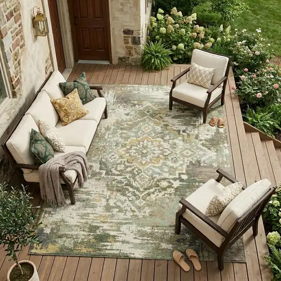 Sage And Green Medallion Washable Indoor Outdoor Area Rug Photo 1
