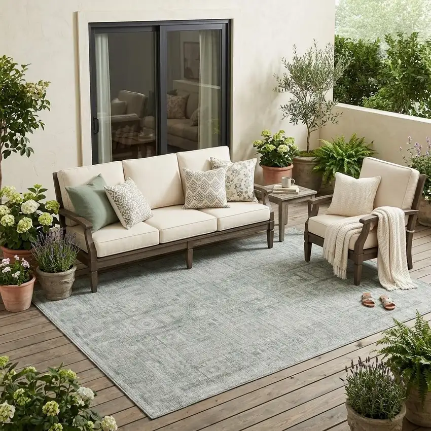 Sage And Green Oriental Washable Indoor Outdoor Area Rug Photo 1