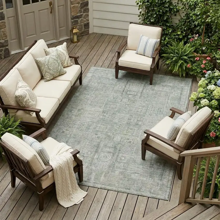 Sage And Green Oriental Washable Indoor Outdoor Area Rug Photo 1