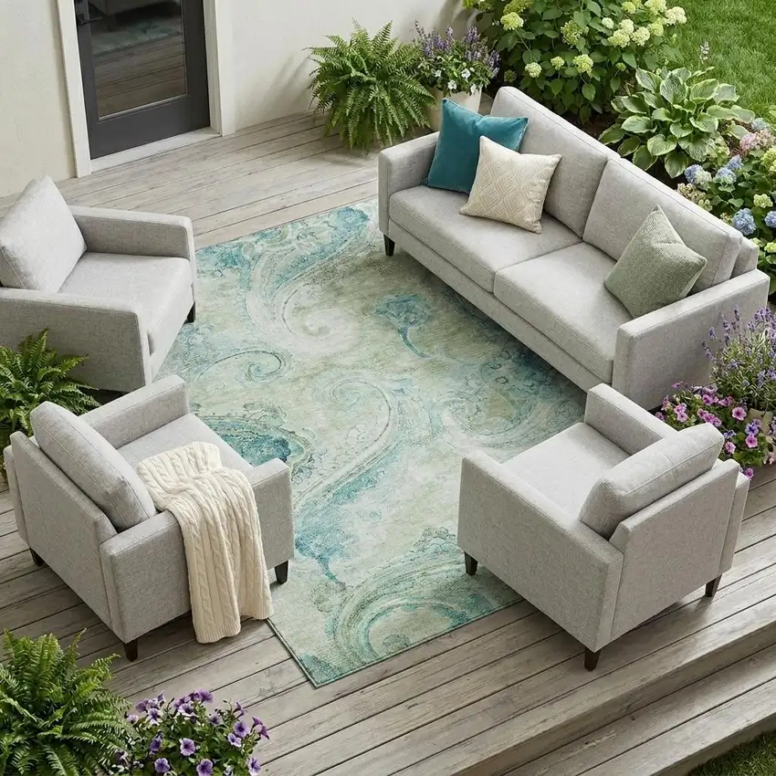 Sage And Green Paisley Washable Indoor Outdoor Area Rug Photo 1