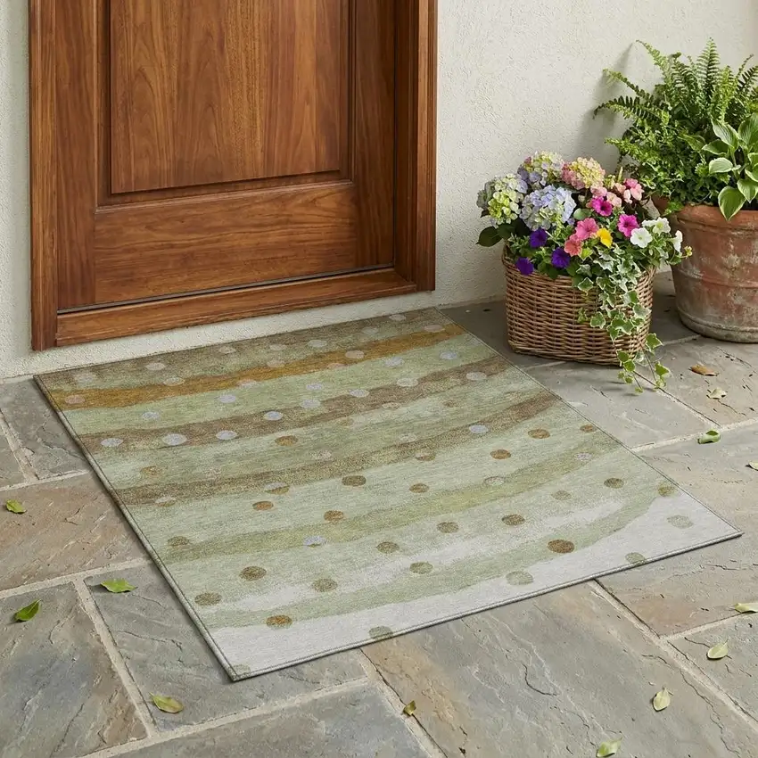Sage And Green Striped Washable Indoor Outdoor Area Rug Photo 1