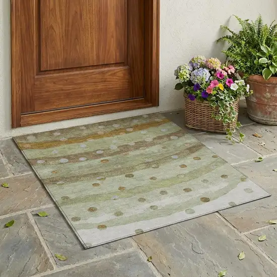 Sage And Green Striped Washable Indoor Outdoor Area Rug Photo 1