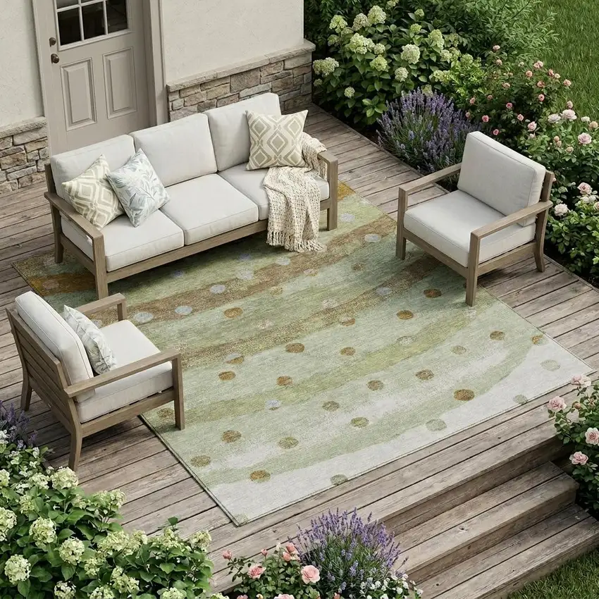 Sage And Green Striped Washable Indoor Outdoor Area Rug Photo 1