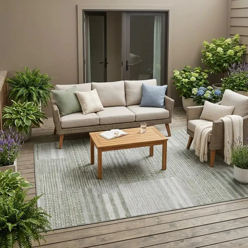 Sage And Green Striped Washable Indoor Outdoor Area Rug Photo 1