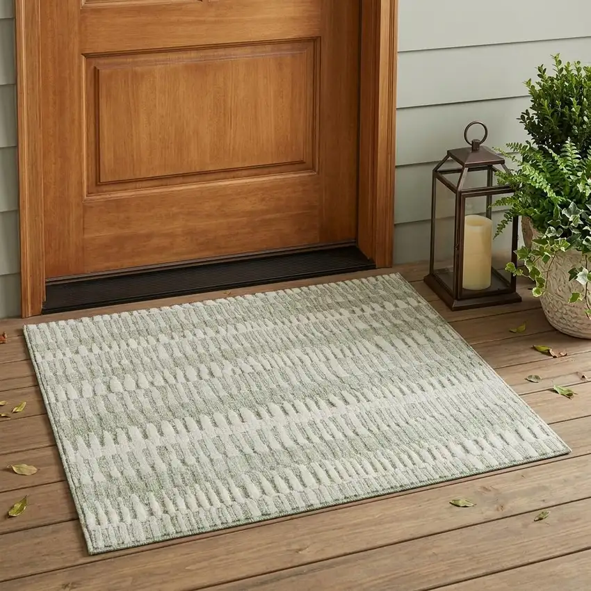 Sage And Green Striped Washable Indoor Outdoor Area Rug Photo 1