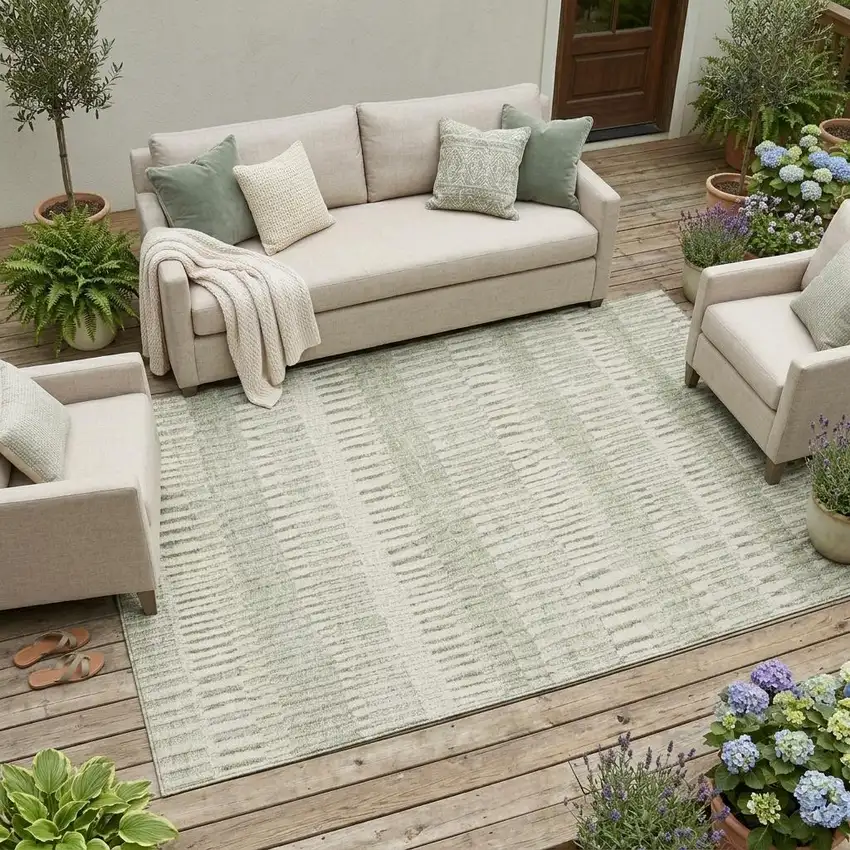 Sage And Green Striped Washable Indoor Outdoor Area Rug Photo 1
