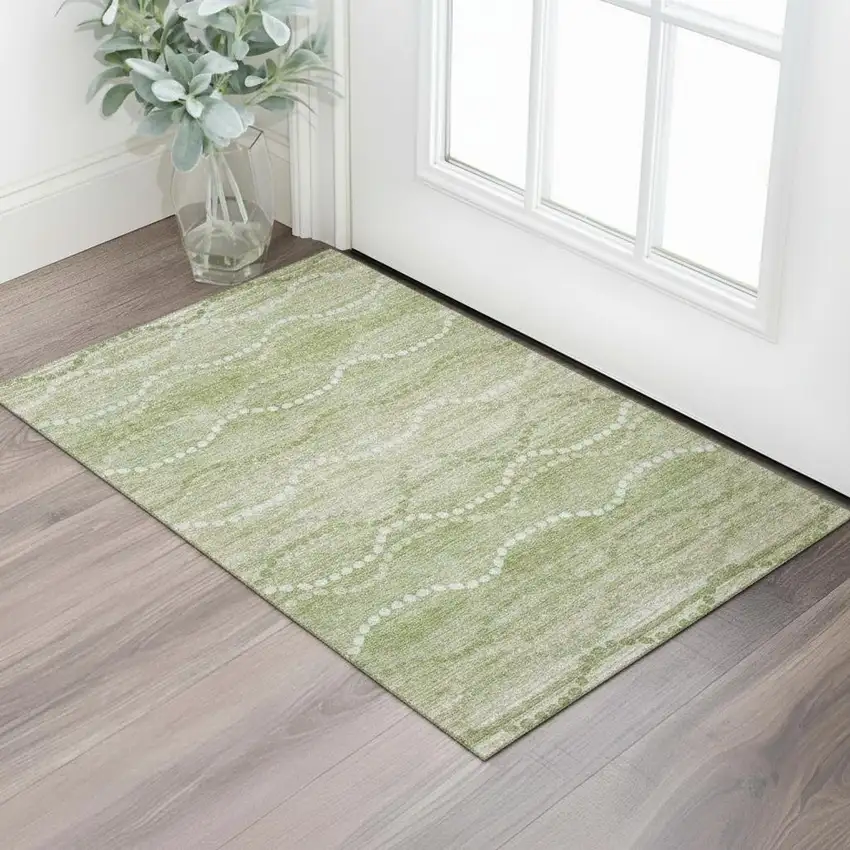 Sage And Ivory Abstract Geometric Washable Area Rug With UV Protection Photo 2