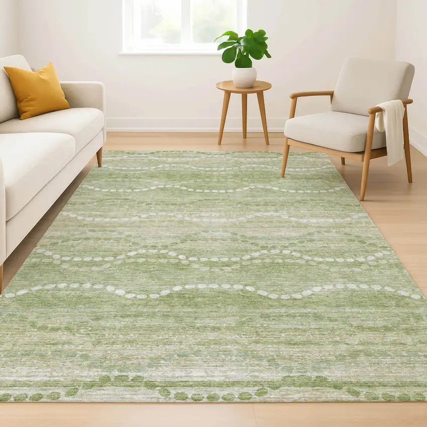 Sage And Ivory Abstract Geometric Washable Area Rug With UV Protection Photo 6