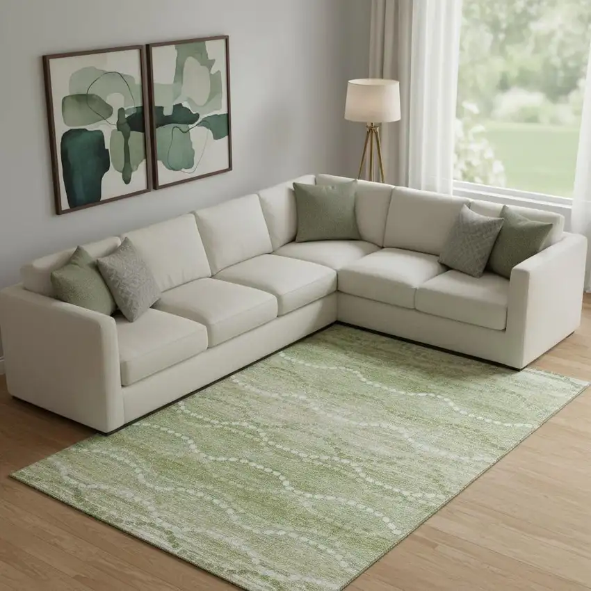 Sage And Ivory Abstract Geometric Washable Area Rug With UV Protection Photo 2