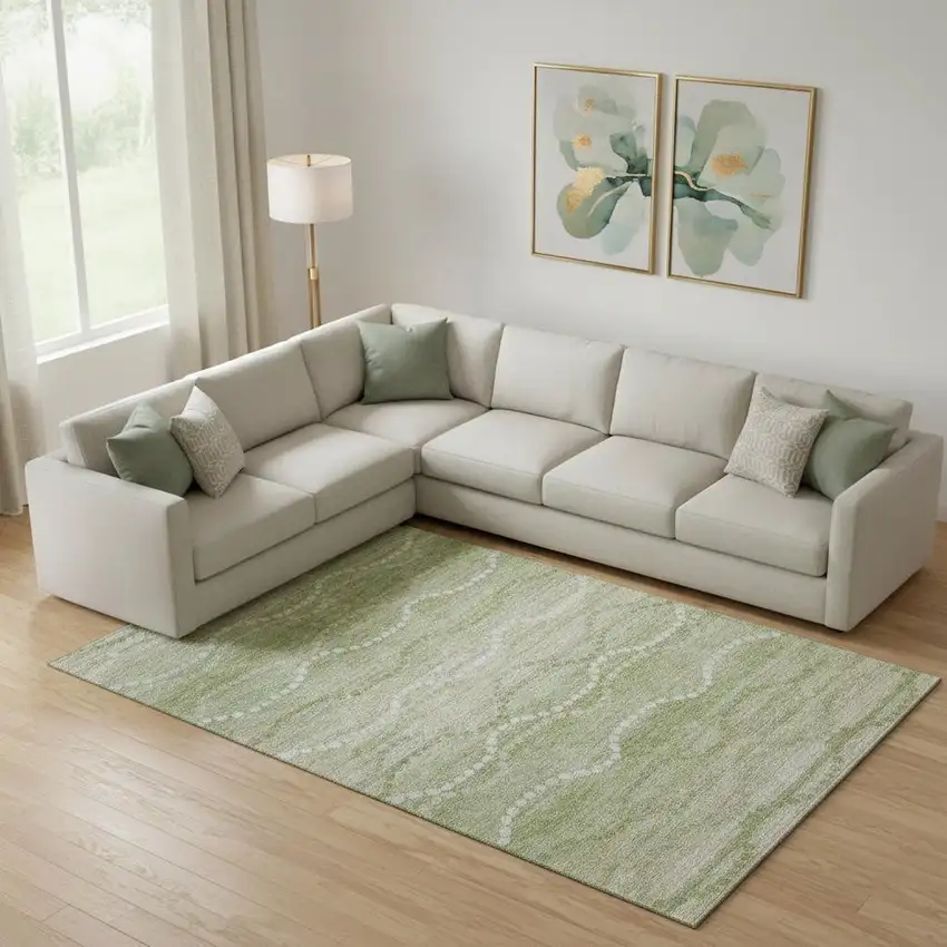 Sage And Ivory Abstract Geometric Washable Area Rug With UV Protection Photo 2