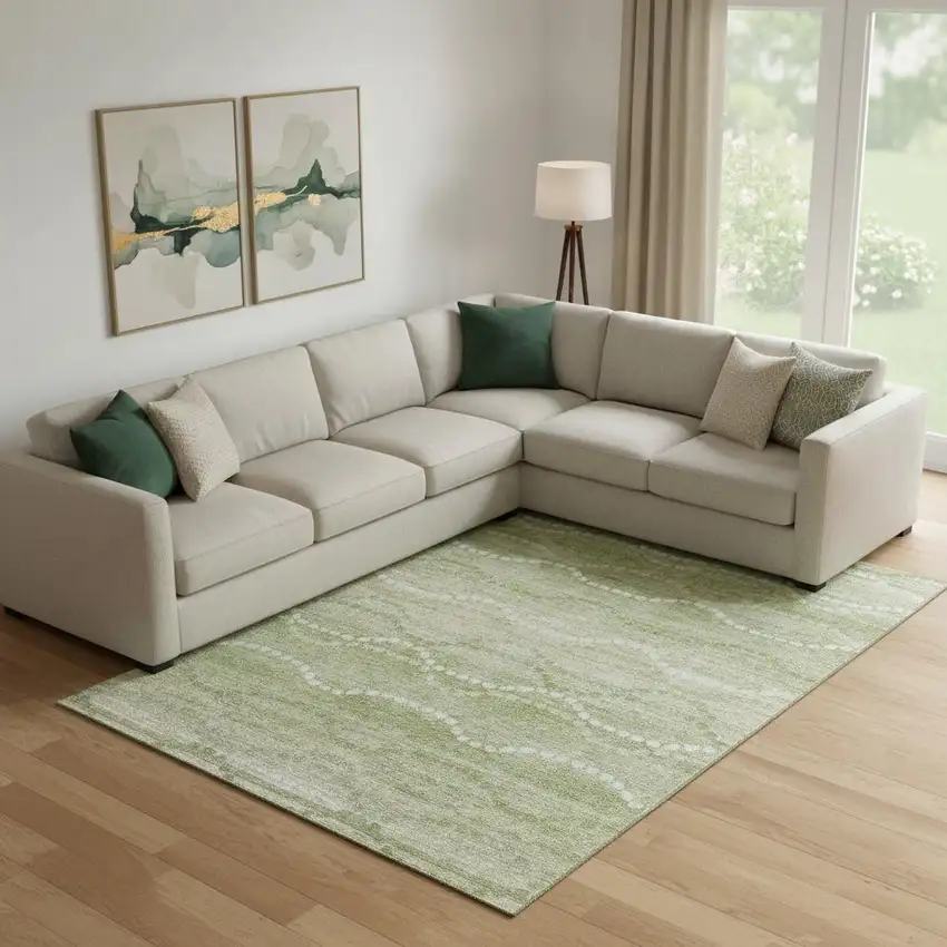 Sage And Ivory Abstract Geometric Washable Area Rug With UV Protection Photo 2