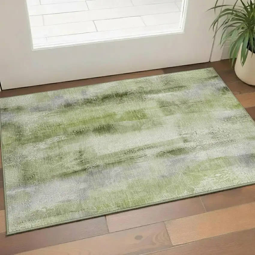 Sage And Ivory Abstract Washable Area Rug With UV Protection Photo 1