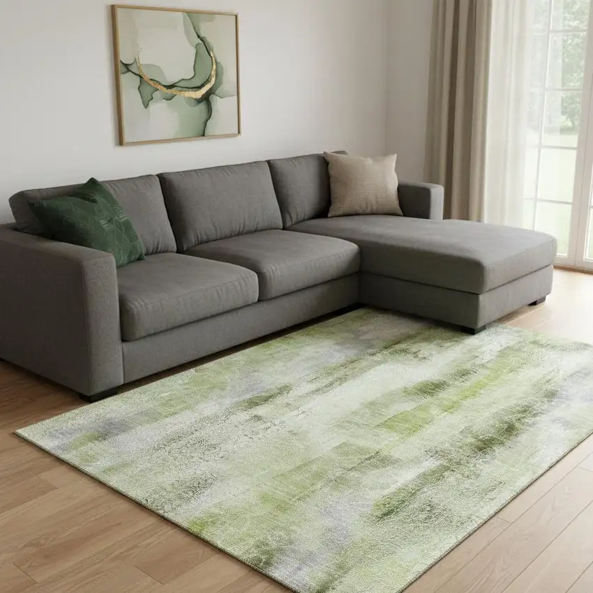 Sage And Ivory Abstract Washable Area Rug With UV Protection Photo 2
