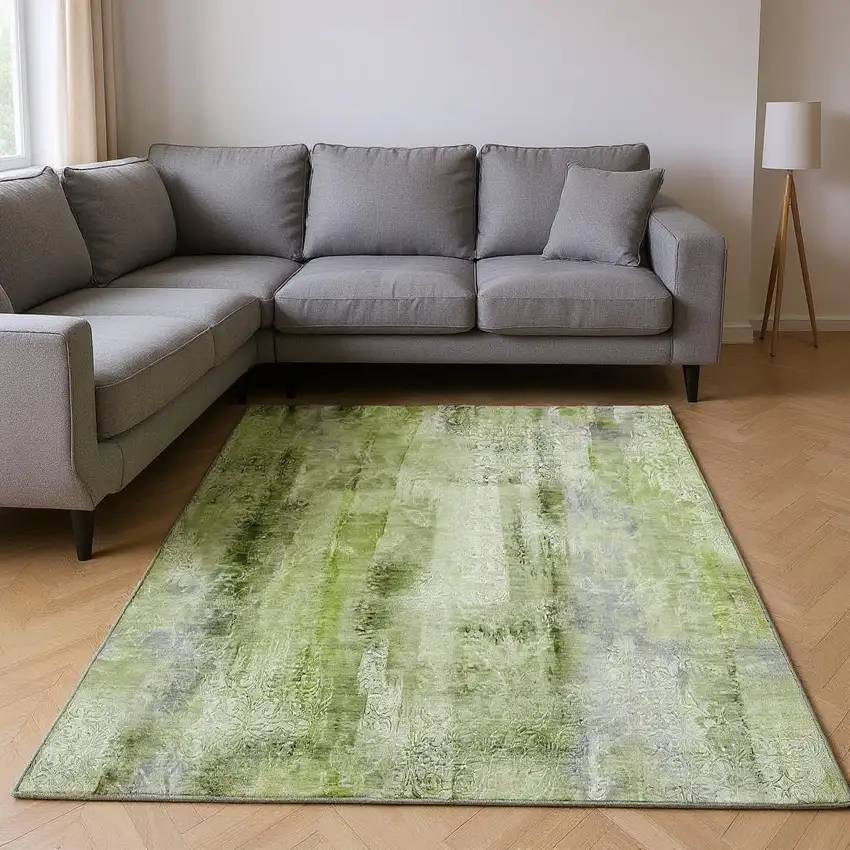 Sage And Ivory Abstract Washable Area Rug With UV Protection Photo 2