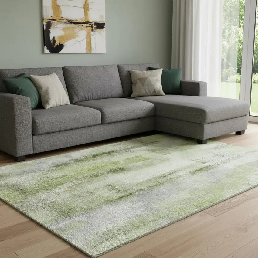 Sage And Ivory Abstract Washable Area Rug With UV Protection Photo 1