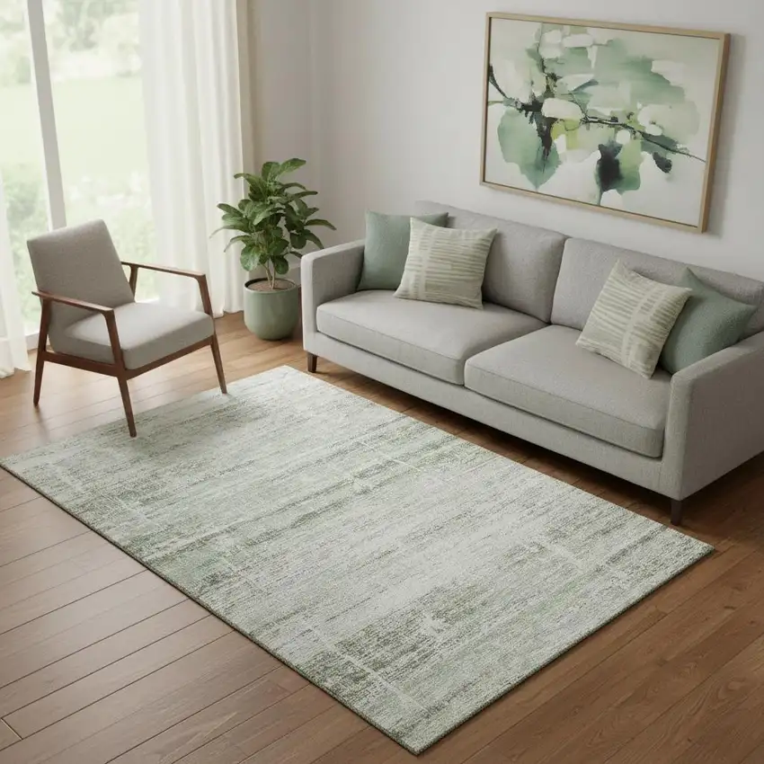 Sage And Ivory Abstract Washable Area Rug With UV Protection Photo 1