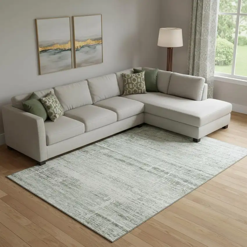 Sage And Ivory Abstract Washable Area Rug With UV Protection Photo 1