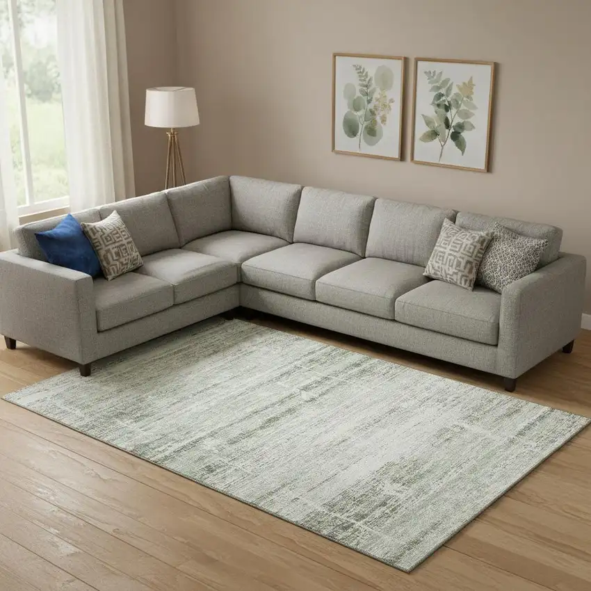 Sage And Ivory Abstract Washable Area Rug With UV Protection Photo 1