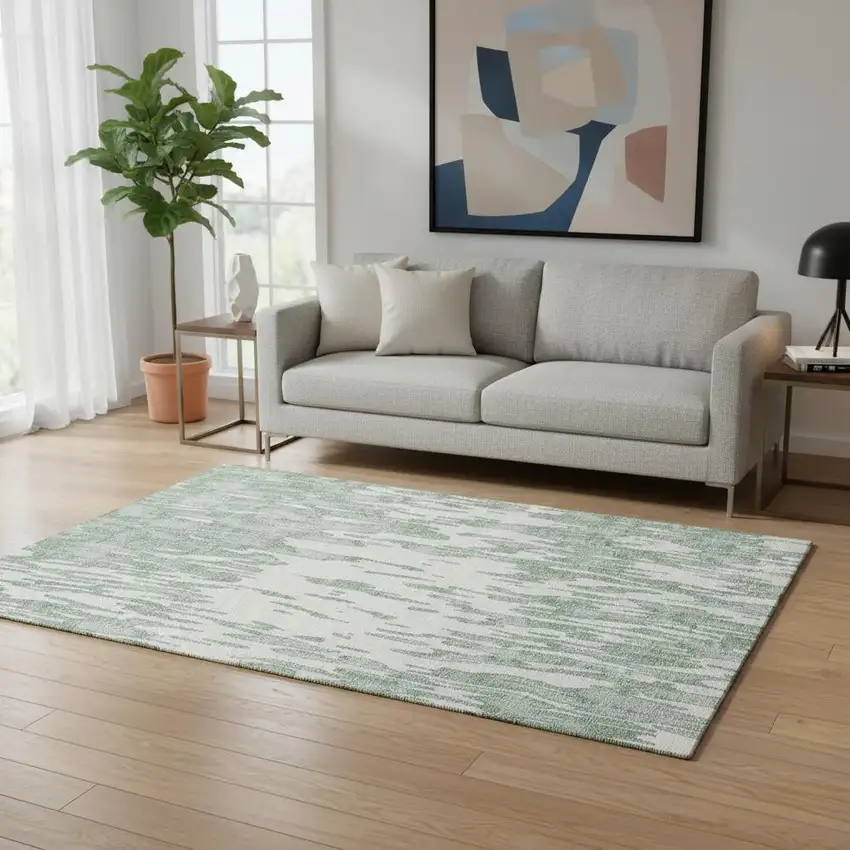 Sage And Ivory Abstract Washable Area Rug With UV Protection Photo 2
