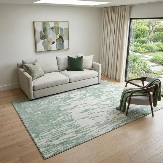 Sage And Ivory Abstract Washable Area Rug With UV Protection Photo 1