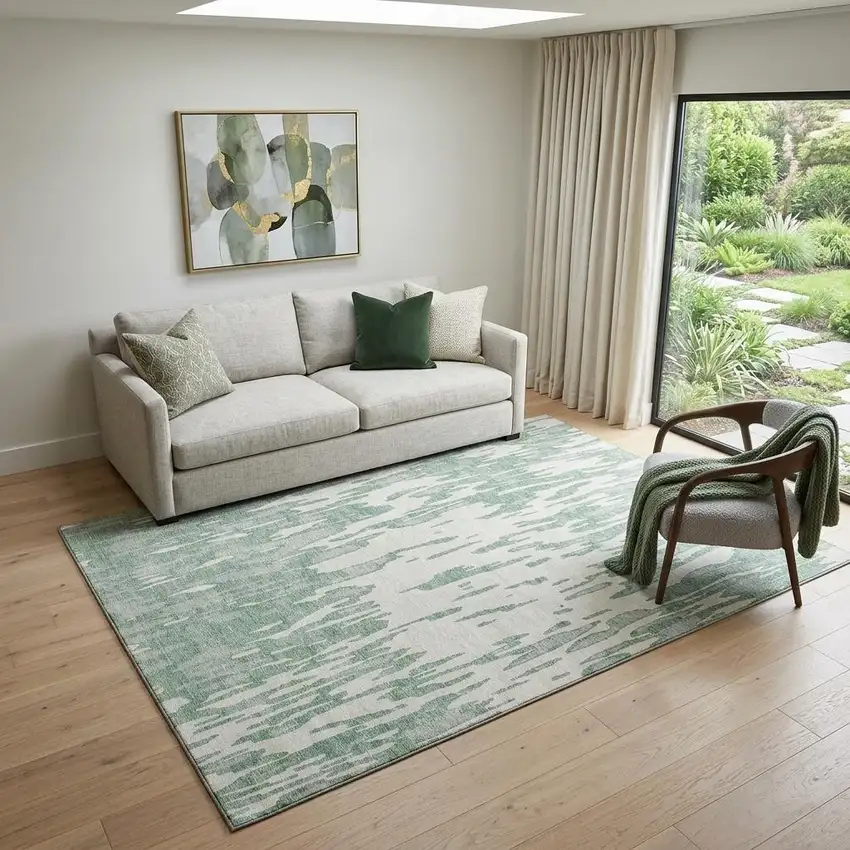Sage And Ivory Abstract Washable Area Rug With UV Protection Photo 1