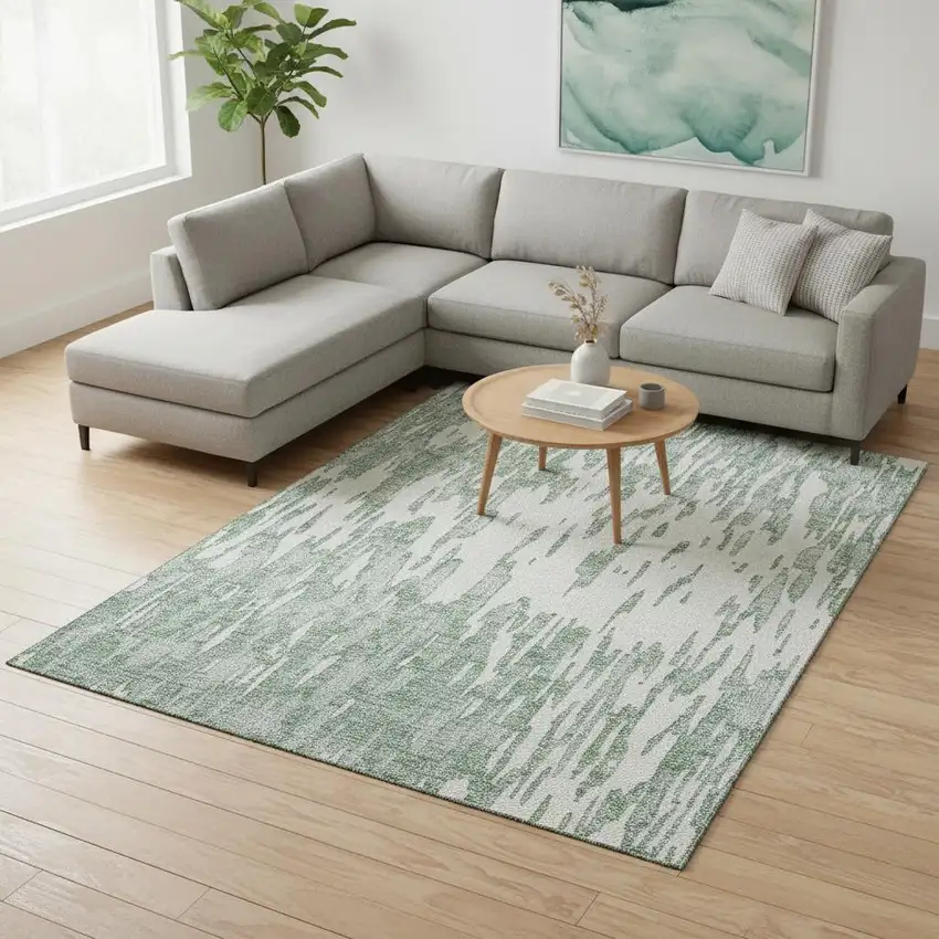 Sage And Ivory Abstract Washable Area Rug With UV Protection Photo 2