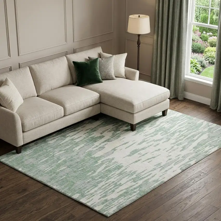 Sage And Ivory Abstract Washable Area Rug With UV Protection Photo 1