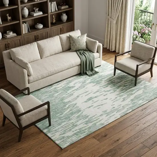 Sage And Ivory Abstract Washable Area Rug With UV Protection Photo 1