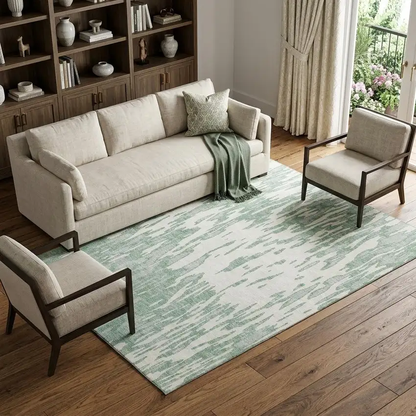 Sage And Ivory Abstract Washable Area Rug With UV Protection Photo 1