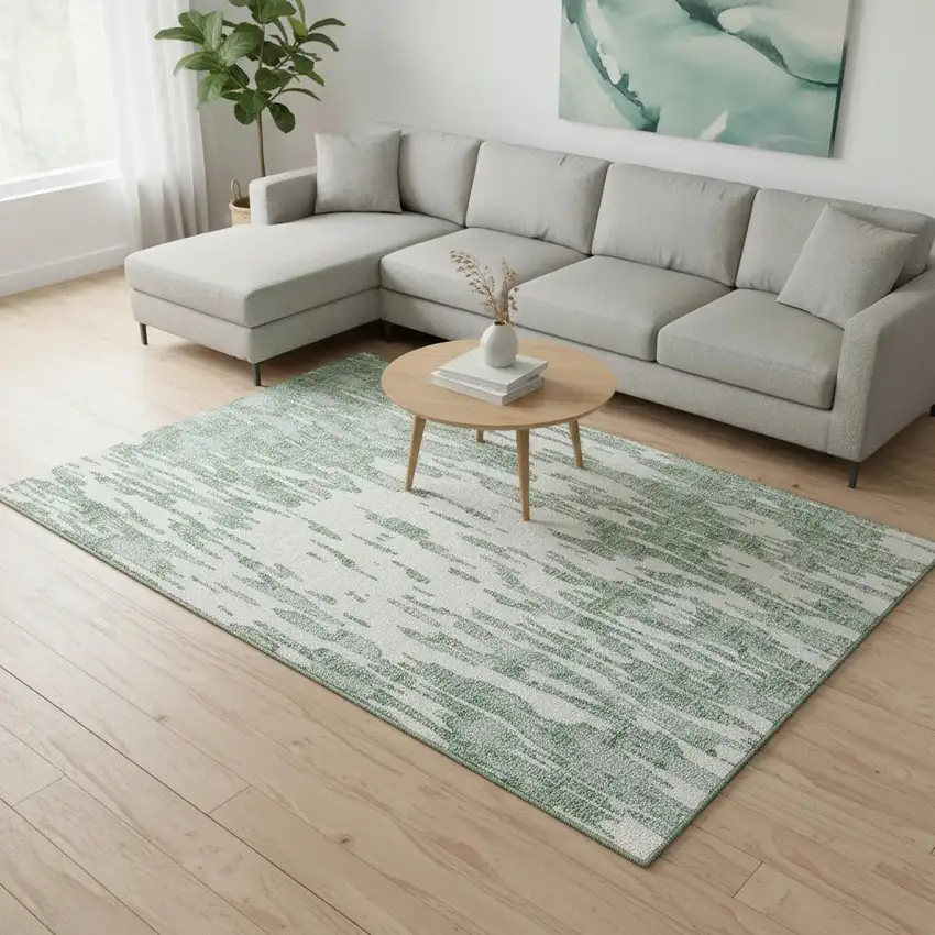 Sage And Ivory Abstract Washable Area Rug With UV Protection Photo 2