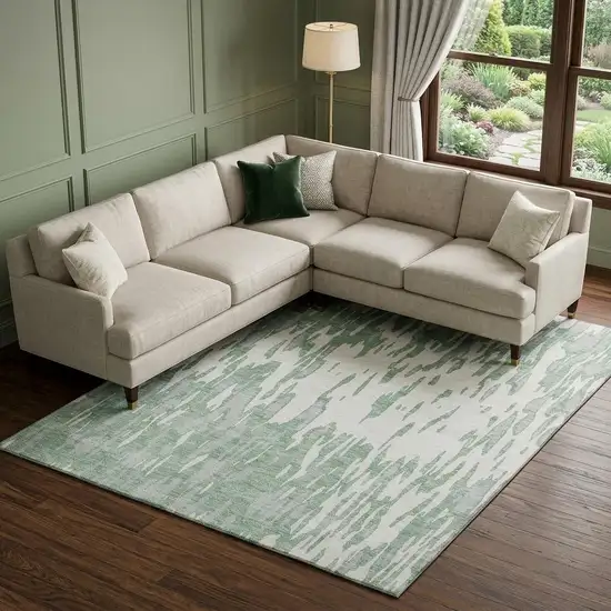 Sage And Ivory Abstract Washable Area Rug With UV Protection Photo 1