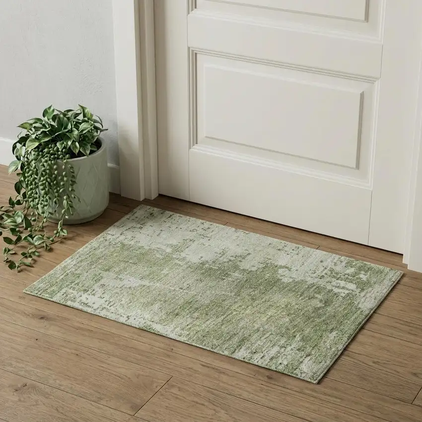 Sage And Ivory Abstract Washable Area Rug With UV Protection Photo 1