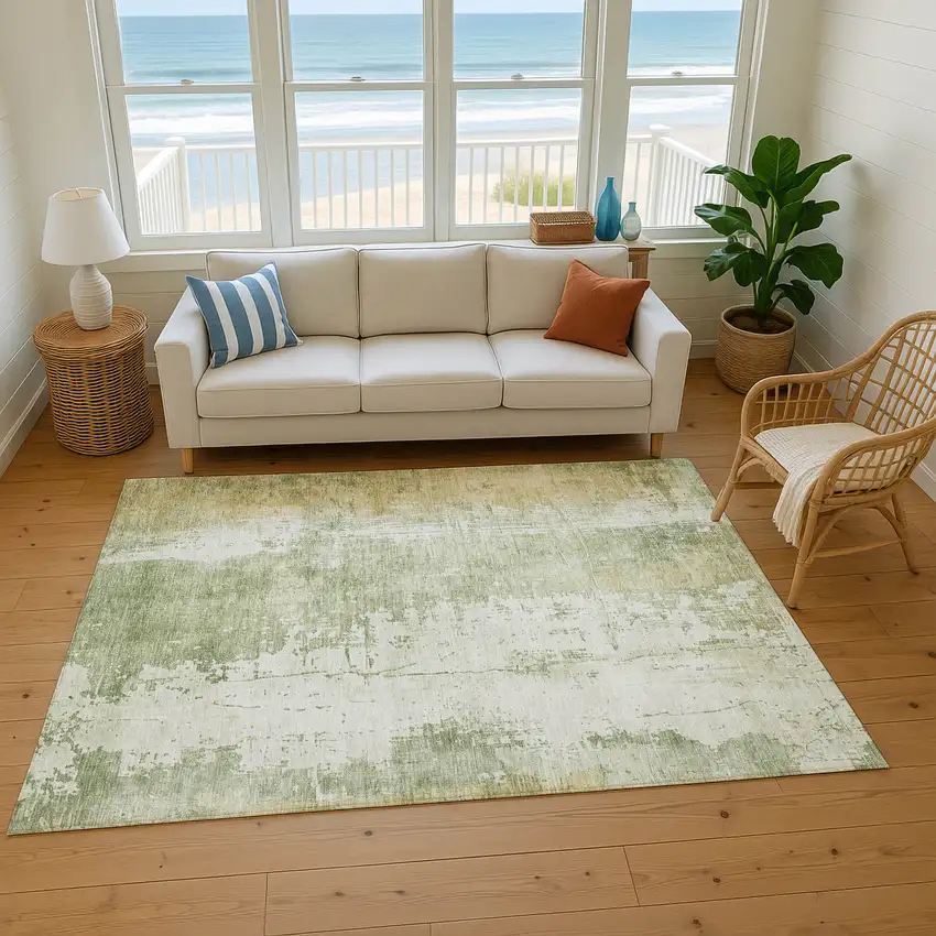 Sage And Ivory Abstract Washable Area Rug With UV Protection Photo 5