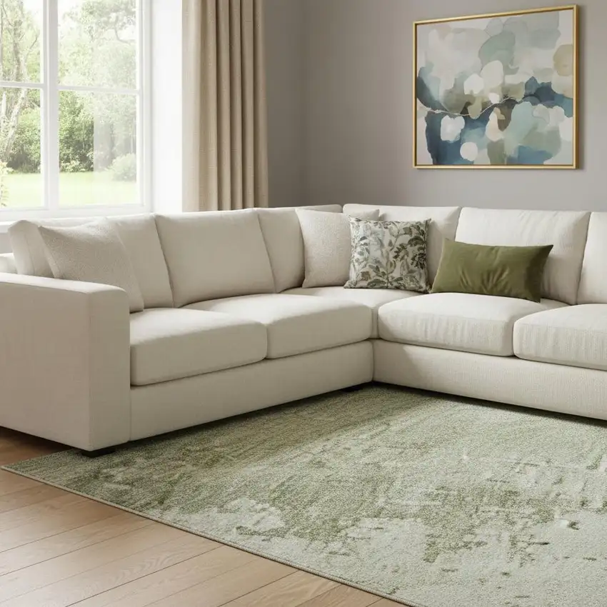 Sage And Ivory Abstract Washable Area Rug With UV Protection Photo 2